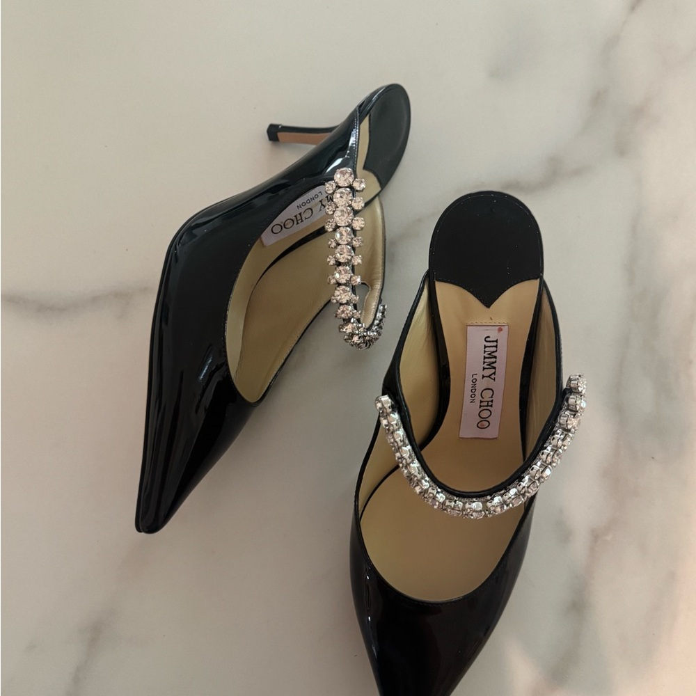 Jimmy Choo Black Patent Heels with Crystal Accents